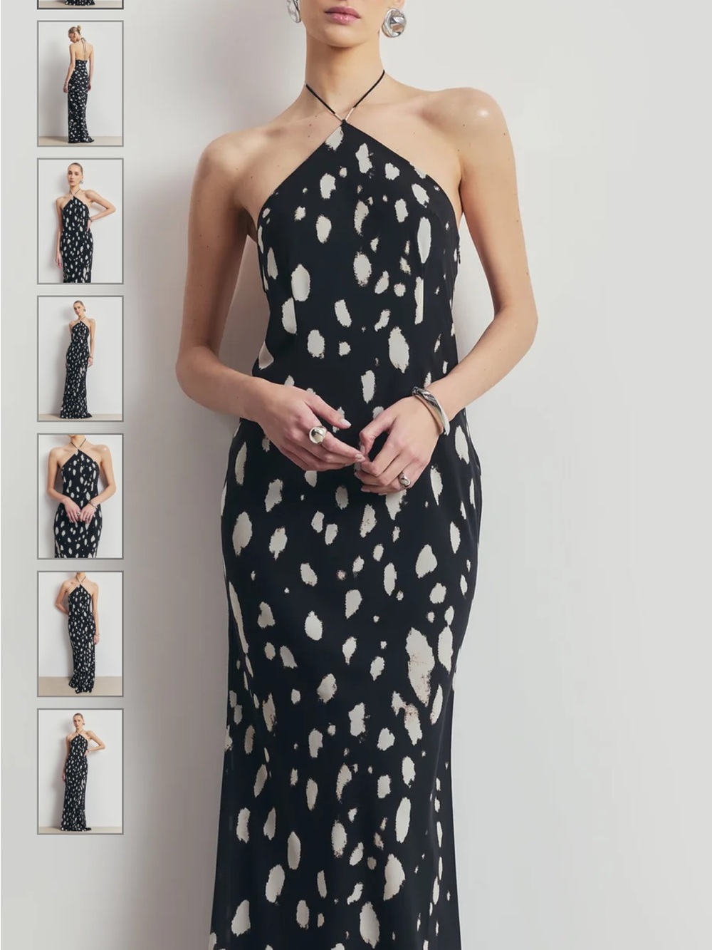 Halter-Neck Black Maxi Dress with White Spot Print